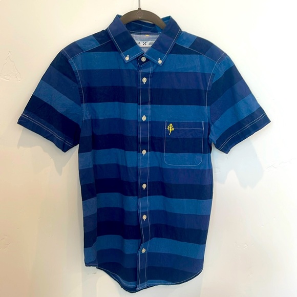 Mark McNairy Men’s Size Small Blue Striped Short Sleeve Cotton Button Up Shirt - Picture 1 of 5